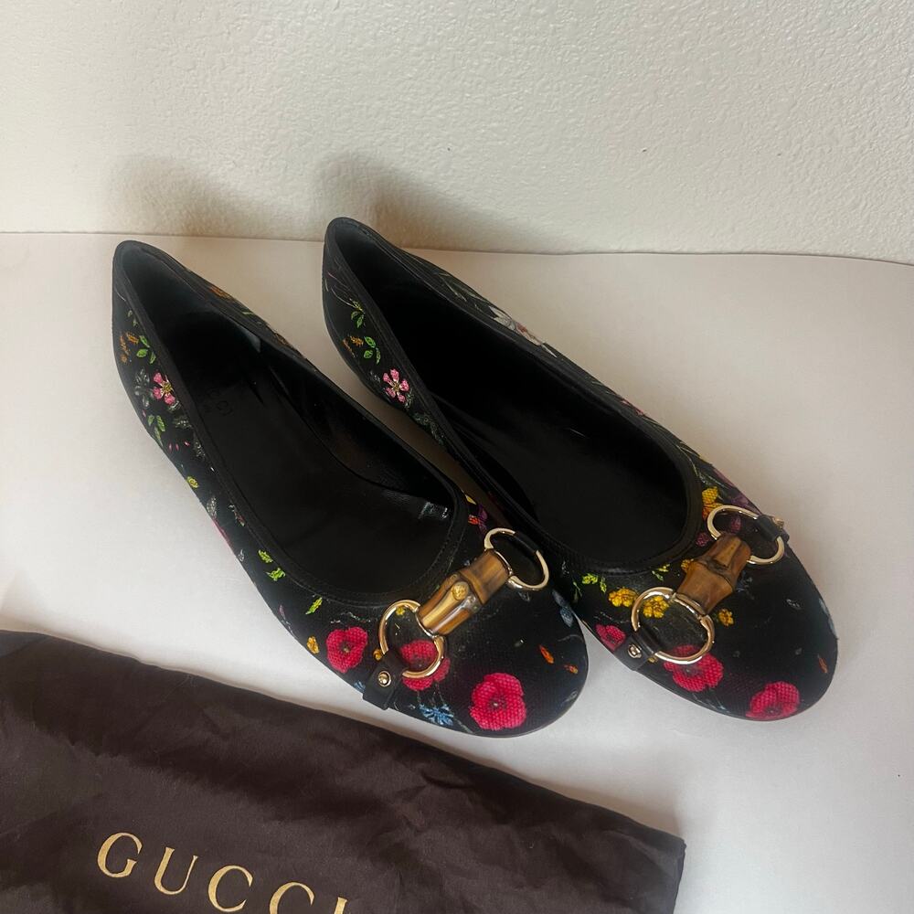 GUCCI Bamboo Horsebit Floral Ballet Flats US 10B Black Multicolor + Dust Bag